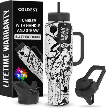 Coldest 40 oz Tumbler with Handle and Straw - 100% Leak Proof Insulated Tumbler with Lid and Straw (3 Lids) - Stainless Steel Tumblers for Women & Men - Cup Holder Friendly Base, 46 oz (Dark Matter)