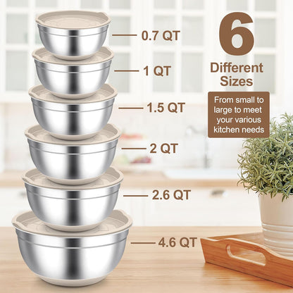 TeamFar Khaki Mixing Bowls, 6-Piece Stainless Steel Nesting Salad Bowls with Lid Set for Prepping Baking, Non-Toxic & Stackable, Air-Tight Lid & Non Slip Bottom, 4.6/2.6/2/1.5/1 / 0.7 QT