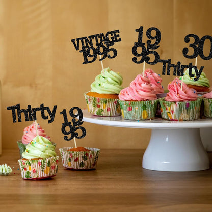 Gyufise 24Pcs Vintage 1995 Cupcake Toppers Cheers to 30 Fabulous Thirty Cupcake Picks Decorations for 30th Birthday Wedding Anniversary Party Supplies Black