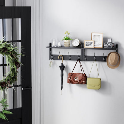 Coat Rack with Shelf, 2 Pack Bamboo Wall-Mounted Coat Hanger with 8 Hooks for Entryway, Hallway, Kitchen, Bathroom, Living Room, Utility Room (Black)
