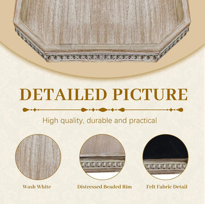 MAONAME Wood Serving Tray, Farmhouse Wooden Tray for Coffee Table, Octagonal Beaded Trays, Washed White Decorative Trays for Living Room, Kitchen, 15.7" X 10.2" X 1.6"