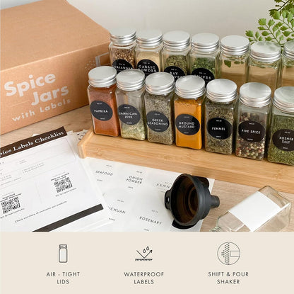 Glass Spice Jars with Labels with Metal Lids and Shakers Minimalist 36 Pack Set, 4oz Small Clear Empty Spice Bottles Seasoning Containers with Label Organizer Square Herb Seasoning Jars for Kitchen
