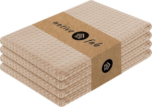 Native Fab Cotton Kitchen Towel with Hanging Loop 16x26 inches, 4-Pack, Waffle Weave Kitchen Towels for Cleaning Drying, Washcloths Soft & Absorbent Cloth Rags, Bar Towel, Dish Cloth, Beige