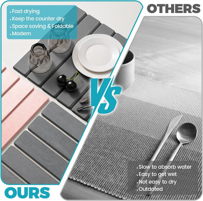 Extral Large Quick Dry Stone Drying Mat for Kitchen Counter,24"(L)x16"(W) Collapsible Eco-Friendly Absorbent Diatomaceous Earth Mat for Dishes Cups,Dish Drying Mats for Any Countertop ﻿