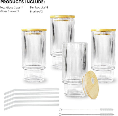 4 Pcs 16 oz Glasses Cups Set with Bamboo Lids Straws Brush Ribbed Vintage Aesthetic Glassware Set for Tea Iced Coffee Beer Cocktail Whiskey