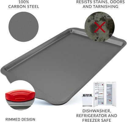 Boxiki Kitchen Non-Stick Baking & Cookie Sheet Pan Non-Toxic 11x14 Inch Rimmed Carbon Steel Baking Sheet. Dent, Warp and Rust Resistant. Heavy Gauge Steel Oven Baking Sheet. 1 Tray.