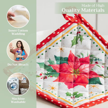 Maison d' Hermine Pot Holders 100% Cotton Heat Resistant Potholders 8" x 8" Hot Pads with Loop BBQ, Cooking, Baking, Grilling, Kitchen, Handling Hot Pans (Pack of 1, Poinsettia Christmas)