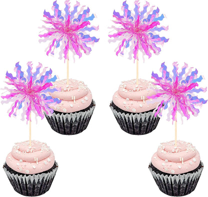 30 PCS Foil Firework Cupcake Toppers Sparkle Tinsel Cupcake Picks Happy Birthday Cake Decorations Drink Stirrers Cocktail Food Fruit Toothpicks for Baby Shower Graduation Party Supplies Rose Red
