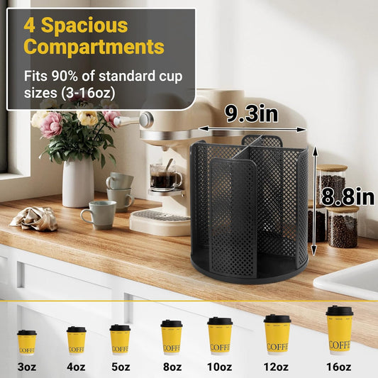 4-Compartment Rotating Paper Cup Holder & Coffee Cup Lid Storage Dispenser, Plastic Cup Dispenser Removable, Space-Saving Countertop Cup Holder for Coffee Bars, Kitchens (Black)