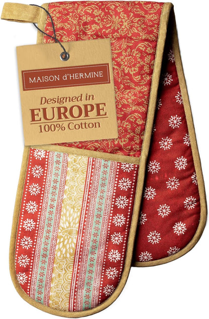 Maison d' Hermine Double Oven Mitts 100% Cotton 7"x35" Double Oven Mitt Heat Resistant BBQ Cooking Gloves with Loop, Baking, Grilling, Home, Kitchen, Handling Hot Pans (Sofia)