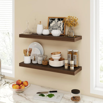 30 Inch Floating Shelves, 9.3" Deep Floating Shelf Wall Mounted, 30" Wall Shelves, Rustic Deep Bookshelf, Large Display Shelves & Storage Shelves for Bedroom, Living Room, Walnut, Set of 2