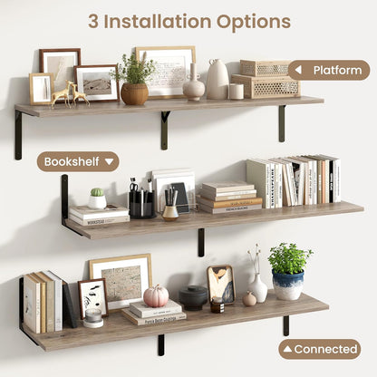 Fun Memories Floating Shelves for Wall, 12 Inch Deep Floating Shelves Set of 2, Wall Mounted Shelf with Metal Brackets, Rustic Wood Wide Shelf for Bathroom, Kitchen and Living Room, Grey, 55W x 12D