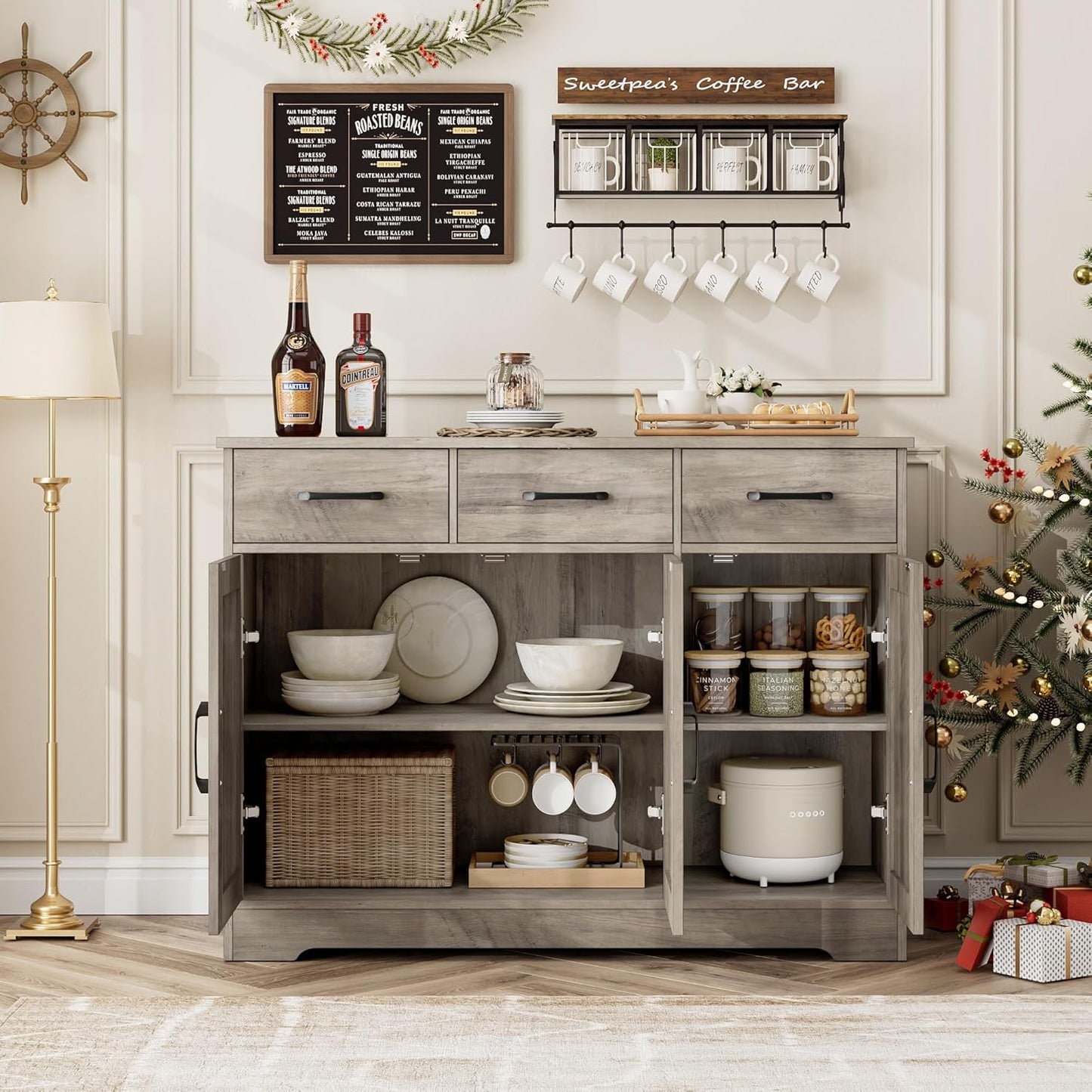 HOSTACK Modern Farmhouse Buffet Sideboard Cabinet, Barn Doors Storage Cabinet with Drawers and Shelves, Wood Coffee Bar with Storage for Dining Room, Kitchen, Living Room, Ash Grey