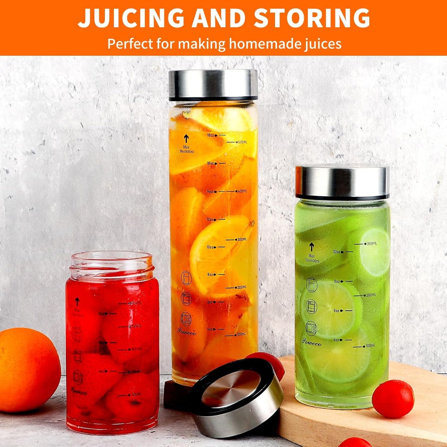 Glass Juice Bottles 6 Pack 20 oz - Wide Mouth Glass Water Bottles with Lids - for Juicing, Protein, Smoothie, Milk, Reusable, BPA Free, Stainless Steel Lids, Blender, Shaker Bottle [20oz/600ml]