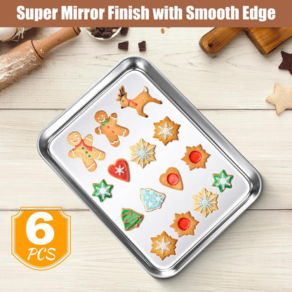 6 Pcs Baking Sheet Pan Set 9 x 6.7 x 1 inches Cookie Sheet Small Toaster Oven Pans Stainless Steel Tray Barbecue Grill Pan Rectangle Trays Oven, Non-stick, Easy Clean