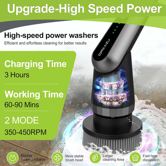 G2-Pro Electric Spin Scrubber - Upgraded 12-in-1 Scrubber Brush Electric, Retractable Handle & 2-Speed for Bathroom, Bathtub, Kitchen, Tile Floors（White/Gray Brush Head）