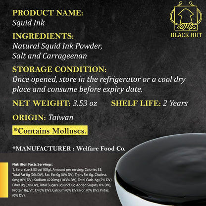 (5g x 20 Pack) Black Hut Squid Ink, Food Coloring Tinta Calamari for Rice Noodles Pasta Spaghetti Risotto, Cuttlefish Ink for Baking mix, Halal Certificate, Contains Molluscs, 3.53 oz / 100 g