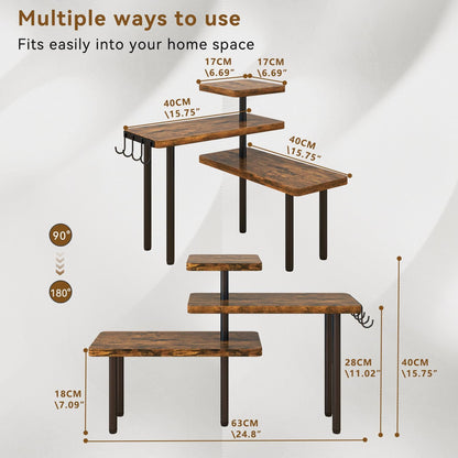 IBUYKE Countertop Organizer,3-Tier Spice Racks,Kitchen Counter Corner Shelf,4 Side Hooks,Adjustable Countertop Shelf for Kitchen, Bathroom, Coffee Bar, Cabinet, Desk,Rustic Brown,TLJ023H