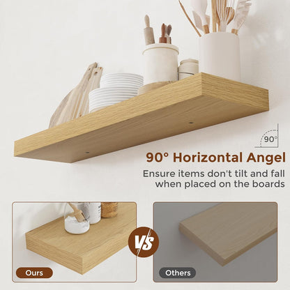 Heimlove 36 Inch Floating Shelves for Wall 8 Inch Deep Oak Shelves Set of 2,Wall Mounted Rustic Wood Long Floating Shelf with Invisible Brackets for Bedroom Kitchen Living Room