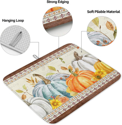Fall Dish Drying Mat for Kitchen Counter Pumpkin Drying Pad Absorbent Drying Mats for Countertops Sinks Draining Racks Sunflower Eucalyptus Leaves Drainer Holiday Harvest Thanksgiving Decor 18x24