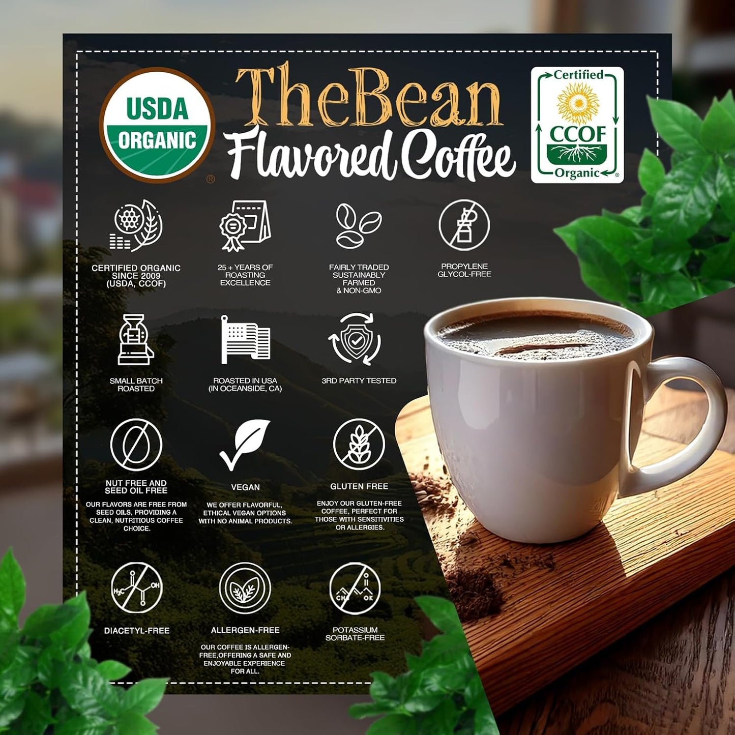 The Bean Organic Coffee Company Egg Nog, Medium Roast, Ground Coffee, 16-Ounce Bags (Pack of 2), Café molido tostado orgánico