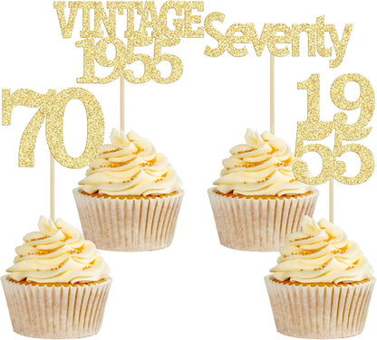 Gyufise 24Pcs 70th Birthday Cupcake Toppers Glitter Cheers to 70 Fabulous Seventy Vintage 1955 Cupcake Picks 70th Birthday Wedding Anniversary Party Cake Decorations Supplies Gold