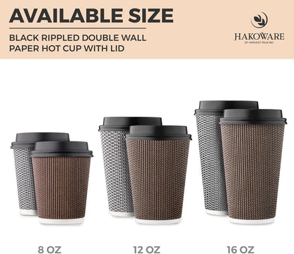 [85 SET]Harvest Pack 16 oz Coffee Cups, Disposable Insulated Coffee Cups, Ripple Double-Walled Paper Cups with Lids, Black and White Geometric, Drinking Cups for Tea Hot Chocolate Drinks To go