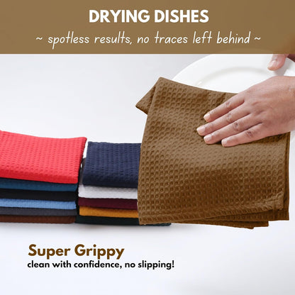 Native Fab 18 Pack Waffle Dish Cloths - 12x12 inch, 100% Cotton, Absorbent, Quick Drying, Washable & Reusable Towels for Cleaning, Cooking, Baking - Ideal for Home, Restaurants, Hotels, Cafes - Brown