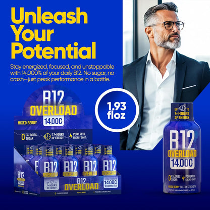 B12 Overload Extra Strength Energy Shot – Mixed Berry – 260mg Caffeine, 14000% B12, Electrolytes – Energy & Vitality Support – Zero Sugar No Calories – Vegan, Kosher, Gluten-Free – 1.93 fl oz, 24-Pack