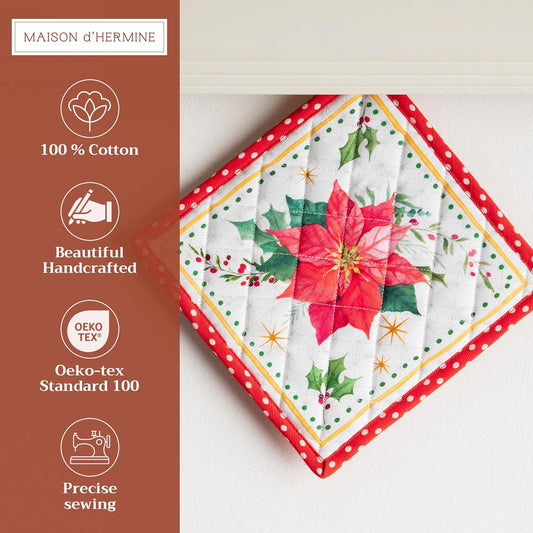 Maison d' Hermine Pot Holders Set 100% Cotton Heat Resistant Potholders 8" x 8" Hot Pads with Loop BBQ, Cooking, Baking, Grilling, Kitchen, Handling Hot Pans (Pack of 2, Poinsettia Christmas)
