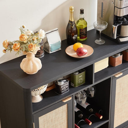 Lerliuo 47.2" Rattan Wine & Liquor Cabinet with 2 Doors, Boho Farmhouse Coffee Bar Station, Built-in Wine Racks & Storage, Adjustable Shelves for Living Room, Dining Room, Kitchen, Black
