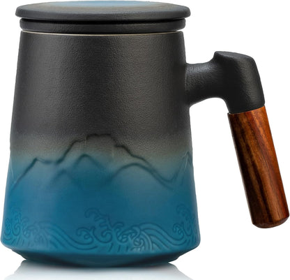 suyika Tea Cup with Infuser and Lid, 15.2 Ounce Wood Handle Ceramic Loose Leaf Mug Gradient Black&Blue 450ml