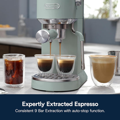 De'Longhi Dedica Duo Compact Espresso Machine - Cold Brew Coffee Maker with Milk Frother Wand- for Espresso, Hot & Iced Coffee, Cappuccinos, Lattes & Home Barista Brewing, Pistachio Green