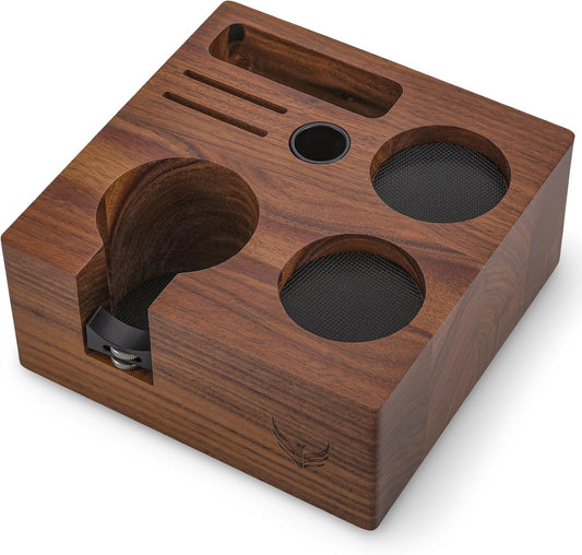 54mm Espresso Tamping Station V3 Walnut Portafilter Holder Espresso Organizer for Breville Machines with Tamper Holder, Distributor Slot, and Multi Accessory Storage