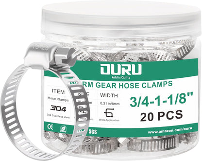 20PCS Hose Clamps Stainless Steel Adjustable 3/4"–1-1/8"(19-29mm) Worm Gear Hose Clamp, Heavy Duty Metal Small Hose Clamps for Automotive, Pipe, Radiator Plumbing, Fuel Line