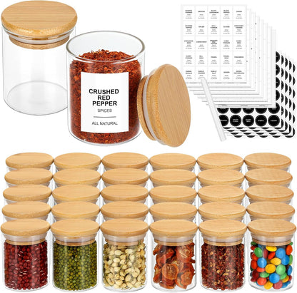 4OZ Glass Spice Jars with Bamboo Lids and 315 Labels, 32 Pcs Clear Food Storage Containers for Kitchen Sugar Salt Coffee Tea Beans