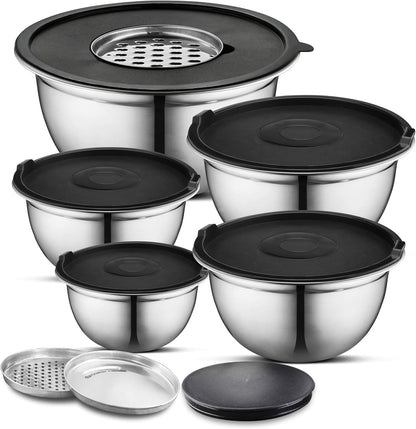 AVADOR Premium Stainless Steel Mixing Bowls Sets Brushed Stainless Steel Mixing Bowl Set, Easy To Clean, Space Saving, Great for Cooking, Baking, Prepping Needs (8 pc with Lid and Grater)