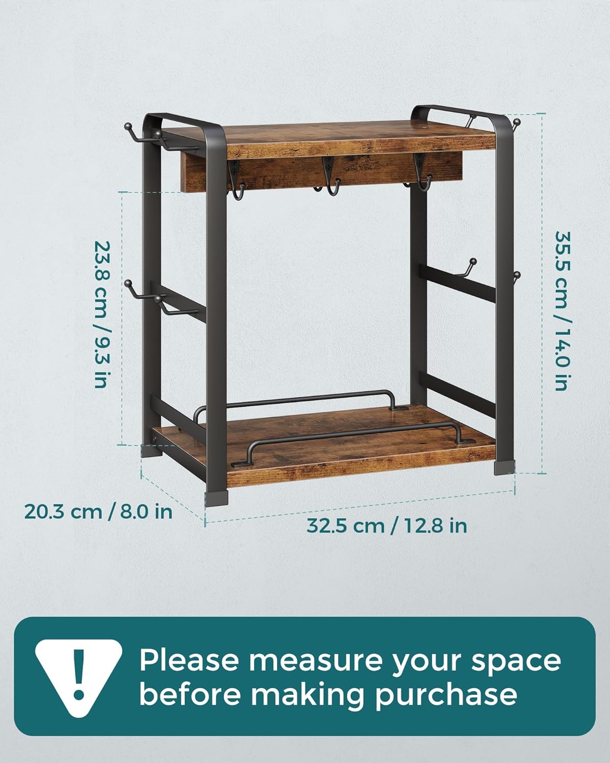 OROPY Wooden Coffee Bar Organizer with 14 Mug Hooks, 2 Tier Countertop Coffee Mug Holder Stand for Cups, Mugs, Syrups, Accessories