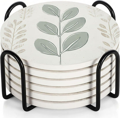 VEYRO Coasters Set of 6 for Drinks – Absorbent Ceramic Stone Drink Coasters with Cork Backing for Coffee Table & Desk, Modern Boho Look Cup Coaster Set, Housewarming Gift for New Home