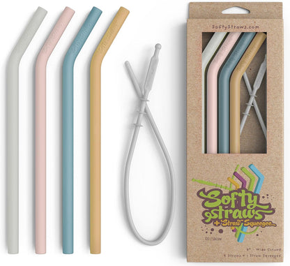 Premium Reusable Silicone Drinking Straws + Patented Straw Squeegee - 9” Long With Curved Bend for 20/30/32oz Tumblers - Neutral Pastel Colors, BPA Free, Flexible, Bendy