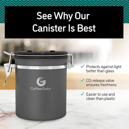 Coffee Gator Coffee Canister, 22oz Airtight Stainless Steel Kitchen Food Storage Container with Date-Tracker, CO2-Release Valve and Scoop for Beans, Grounds, Sugar, Cookies Jars, Tea, Cereal - Gray