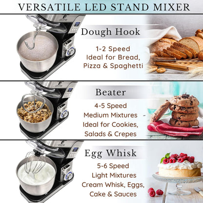 Moss & Stone Stand Mixer With Lcd Display, 6 Speed Electric Mixer With 5.5 Quart Stainless Steel Mixing Bowl, Kitchen Mixer With Dough Hook, Egg Whisk, Beater & Baking Spatula, Food Mixer With Timer