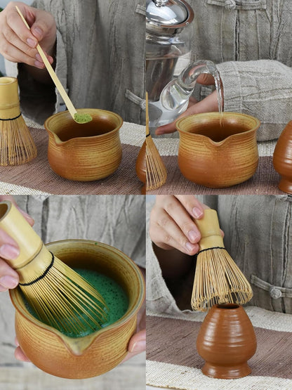 Artcome Matcha Tea Set – 4 Piece Japanese Ceremonial Kit with 9oz Ceramic Bowl with Spout, Bamboo Whisk, Scoop, Whisk Holder & Tea Manual – Traditional Matcha Starter Kit for Daily Use