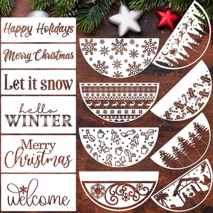 Christmas Stencils 12” Large Christmas Stencils for Crafts Reusable Christmas Stencil Holiday Drawing Templates for Door Hanger Porch Wreath Doormat Window Glass Decor(XMS Half R Stencil 03-14p)