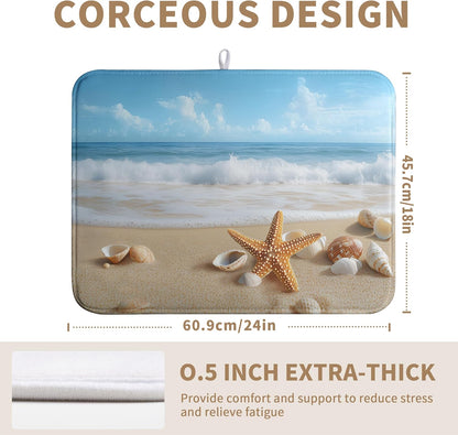 Summer Ocean Beach Blue Dish Drying Mat Sea Shell Starfish Large Kitchen Mat Dish Drying Pad Absorbent Dish Dryer Mat for Kitchen Countertops Microfiber Drainer Pad Dish Drying Rack Mat (18x24 in)
