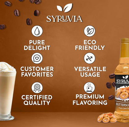 Syruvia Butterscotch Coffee Syrup - 25.4 fl oz. Kosher and Gluten-Free. Perfect for Enhancing Drinks, Sodas, Shakes, Desserts, and More.