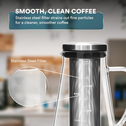 OVALWARE Airtight Cold Brew Iced Coffee Maker Pitcher and Tea Infuser with Spout - 1.0L / 34oz Ovalware RJ3 Brewing Glass Carafe with Removable Stainless Steel Filter