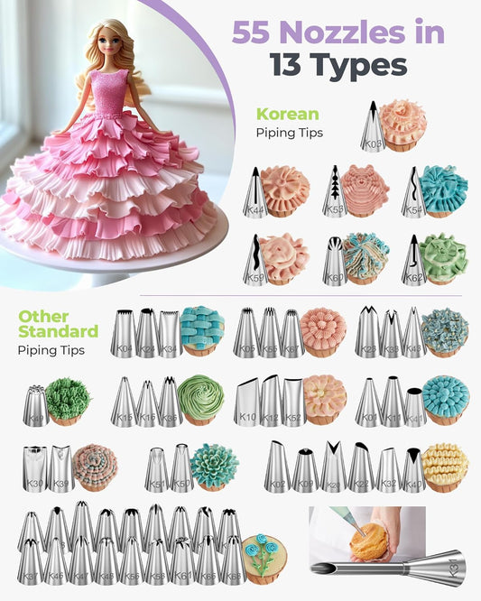 Kootek 90 PCs Piping Bags and Tips Set, Cake Decorating Supplies Kit with 55 Numbered Icing Piping Tips, 20+2 Pastry Bags for Cake Cupcake, Frosting Piping Kit with Booklet and eBook