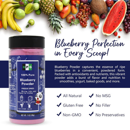 NPG Frezee-Dried Blueberry Powder 7 Oz, Seedless Fine Powder from Wild Wild Blueberries for Smoothies, Baking, Beverages, and Natural Food Coloring, No Sugar Added, Non-GMO
