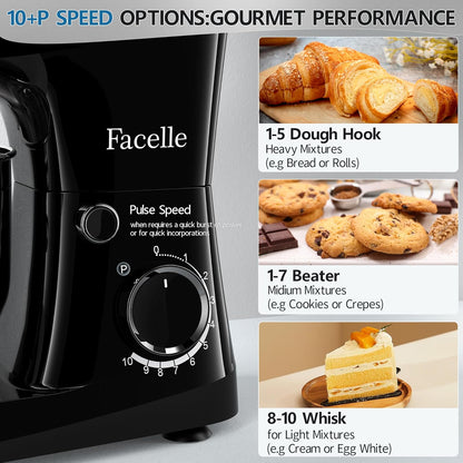 Facelle Stand Mixer, 10-Speed 6QT Kitchen Electric Mixer, Tilt-Head Food mixer with Beater, Dough Hook, Wire Whip and Egg Separator, scraper for Most Home Cooks - Black